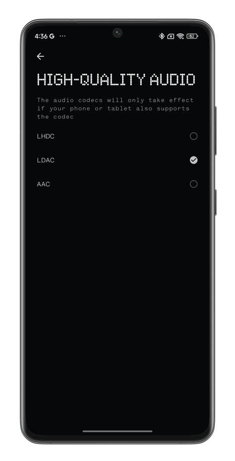 Nothing X app screenshot showing available Bluetooth codecs