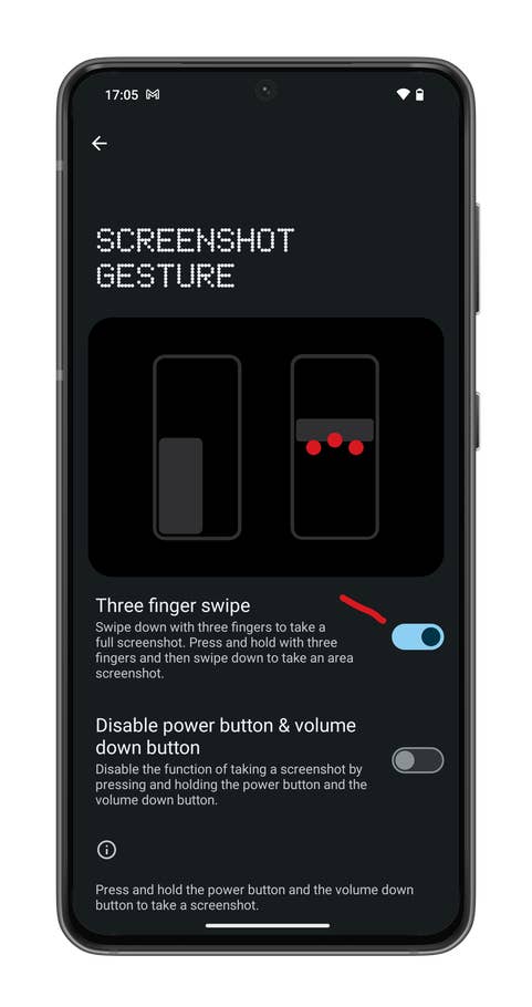 Nothing OS 2.5 screenshot showing how to enable the three-finger screenshot gesture.