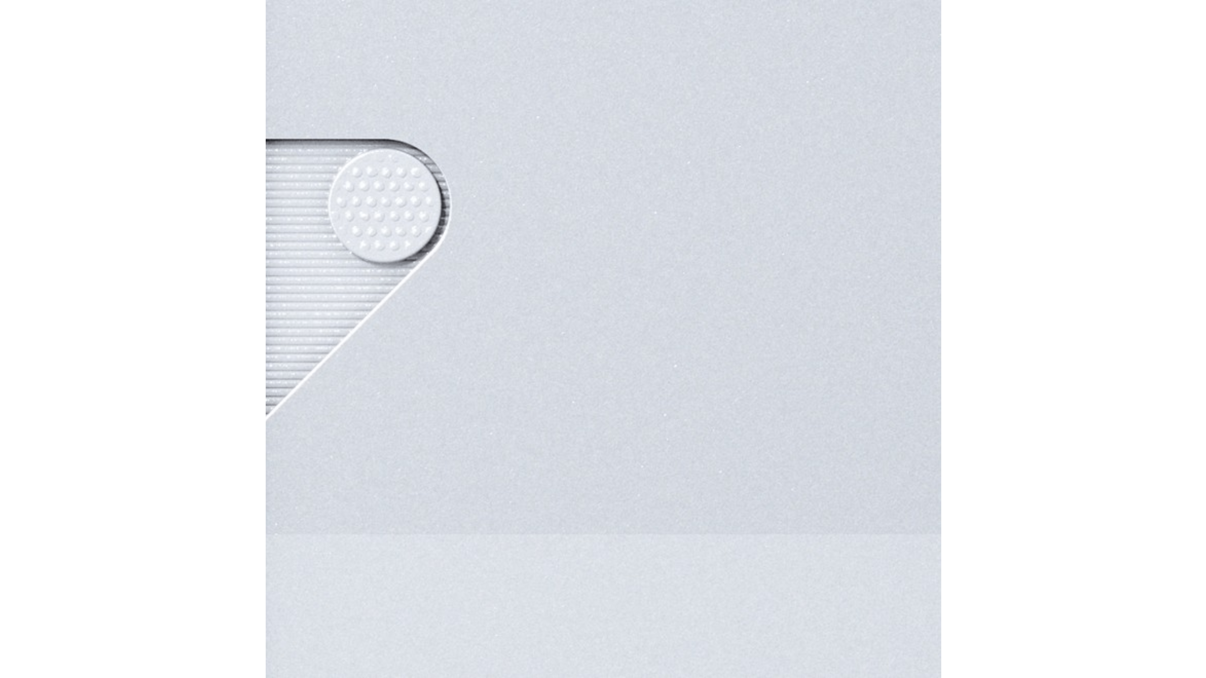 A minimalist design featuring a light gray background with a geometric shape and textured circular element.