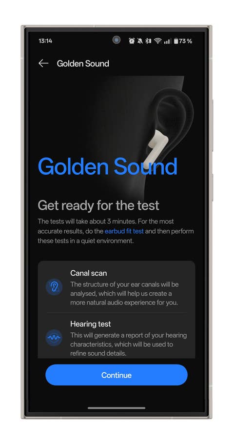 OnePlus HeyMelody app screen showing Golden Sound test instructions and canal scan and hearing test