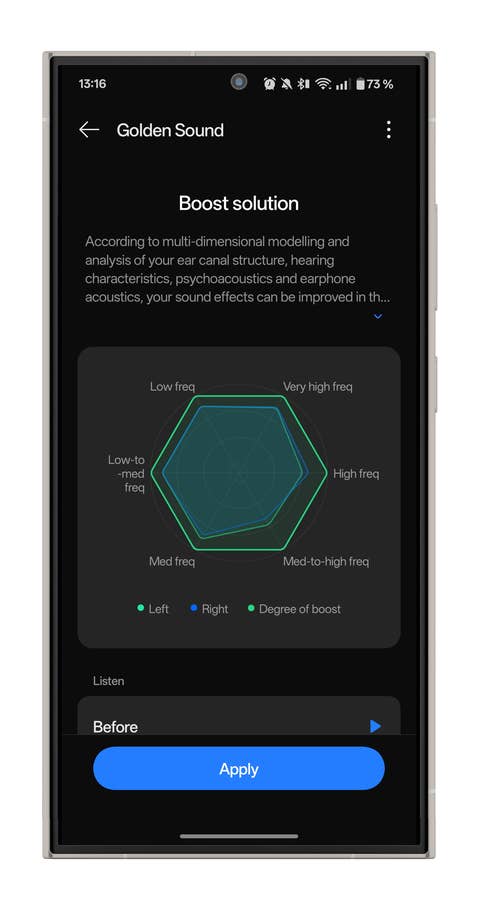 App interface for OnePlus Buds Pro 3 showing Golden Sound settings with a frequency graph.