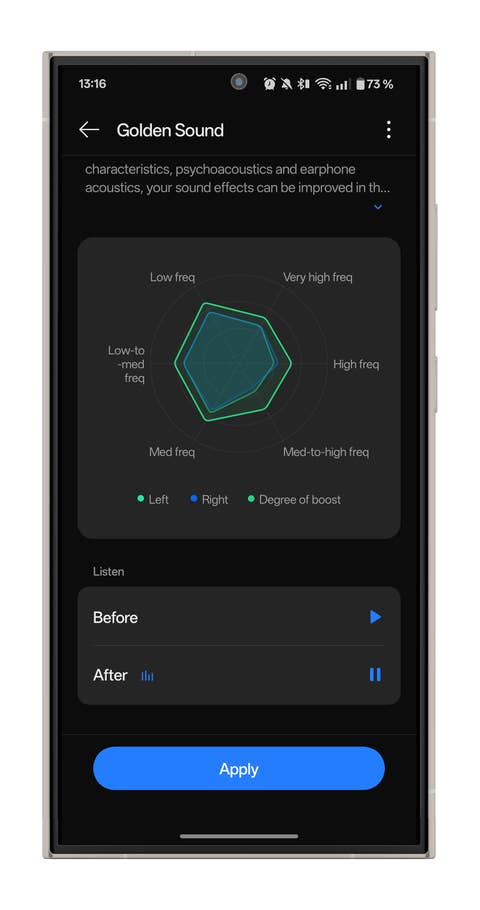 Sound Master equalizer settings for OnePlus Buds Pro 3 with various audio profiles displayed.