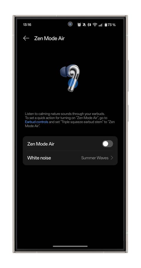 OnePlus Buds Pro 3 app screen showing Zen Air mode with nature sounds and white noise options.