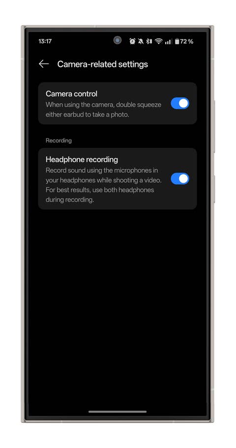 Settings screen for OnePlus Buds Pro 3, showing camera control and earbud recording options.