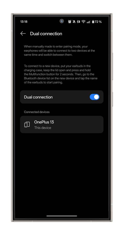 Dual connection settings screen for OnePlus Buds Pro 3 in the HeyMelody app.