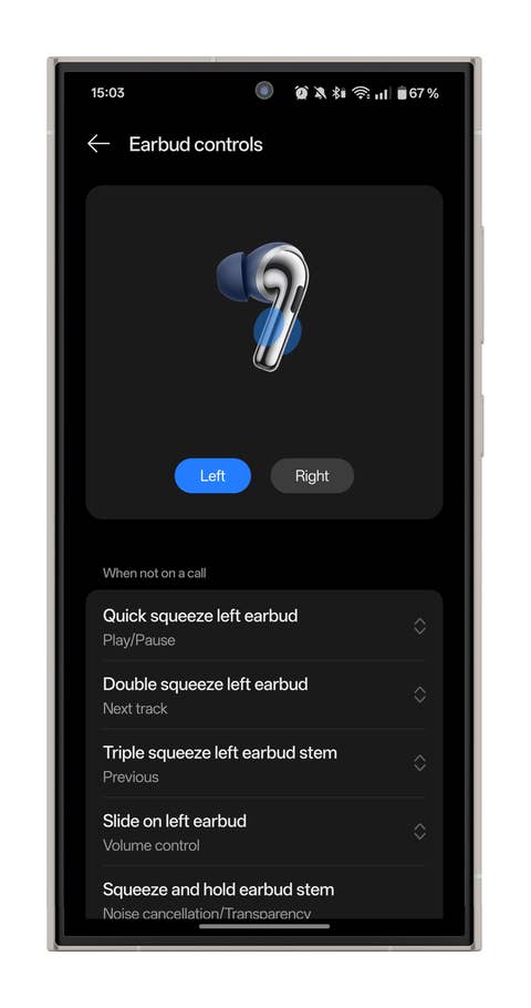 App interface showing controls for OnePlus Buds Pro 3 earbuds on a smartphone.