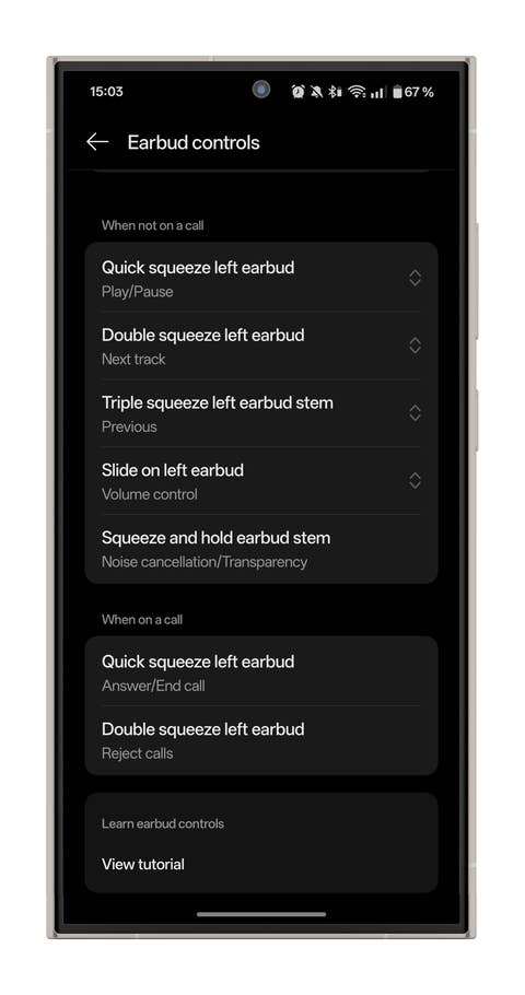 HeyMelody app screenshot showing the wireless earbudsu0027 control options.
