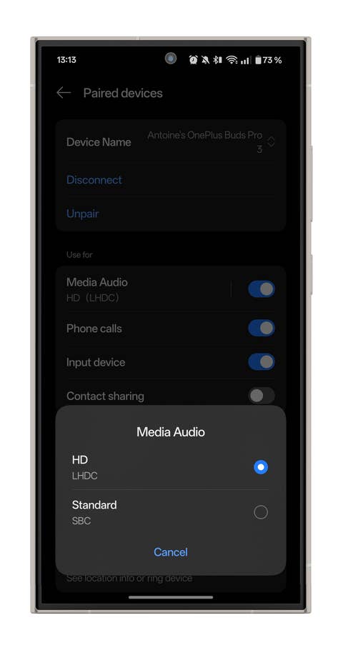 Settings screen for the OnePlus Buds Pro 3 with options for audio quality and pairing.