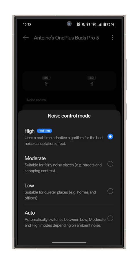 OnePlus Buds Pro 3 app screen showing noise control modes: High, Moderate, Low, Auto.