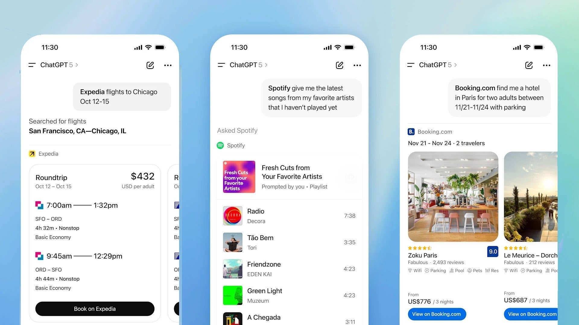 Screens displaying ChatGPT 5 interface for booking flights and hotel accommodations.