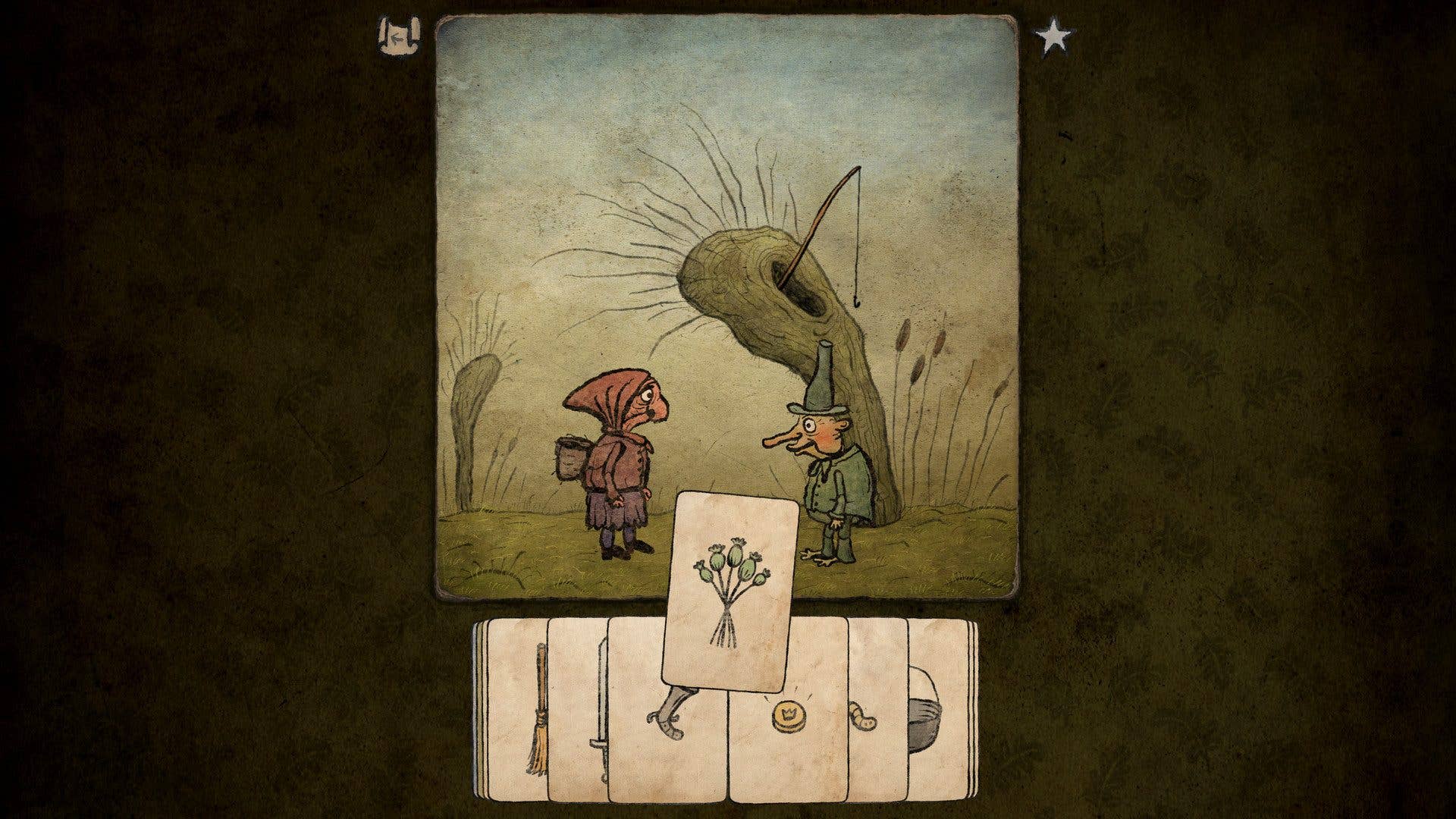 A screenshot from Pilgrims game showing two characters near a tree with a fishing hook and cards below.