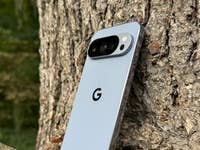 A Google Pixel 10 Pro smartphone resting against a tree trunk.