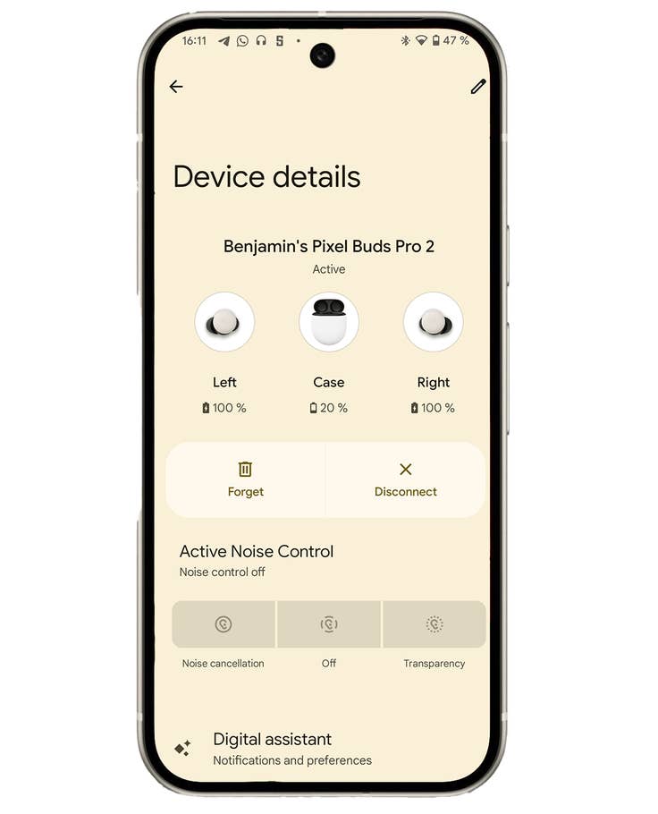 Device details of the Pixel Buds Pro 2 with its battery status and sound control settings.