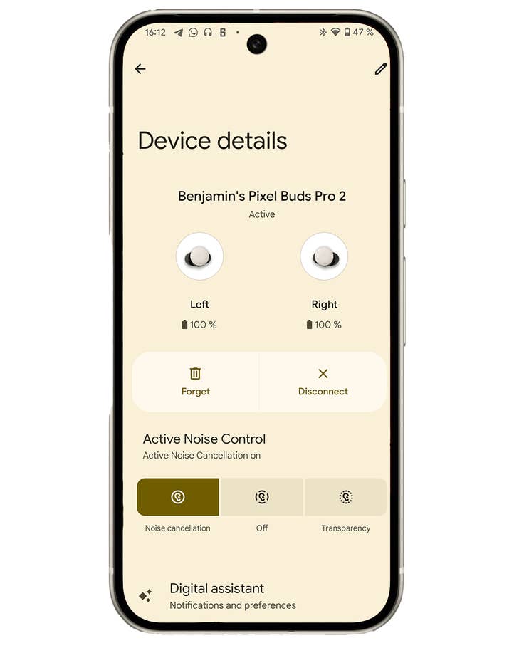 Device settings screen showing the Pixel Buds Pro 2 with battery status and noise control options