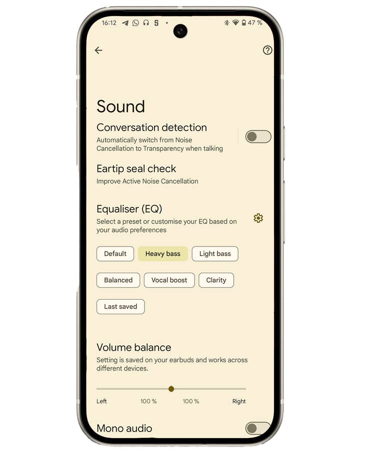 Settings for Google Pixel Buds Pro 2 showing sound options like EQ and call detection.