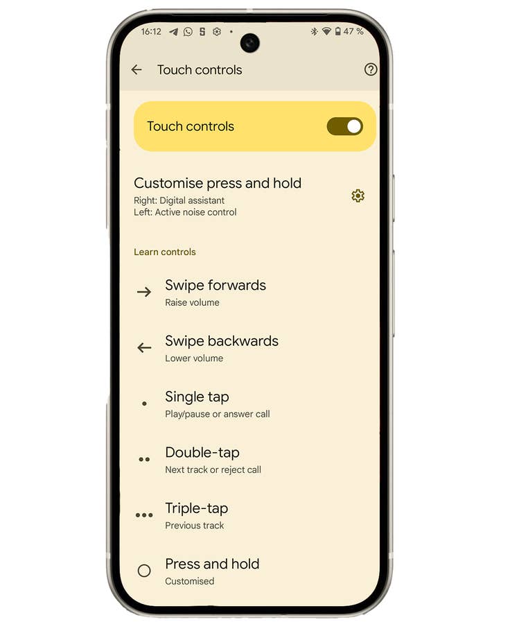 Google Pixel Buds Pro 2 touch control settings screen.
