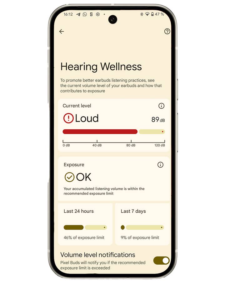 Smartphone screen shows hearing health status with volume and exposure details.