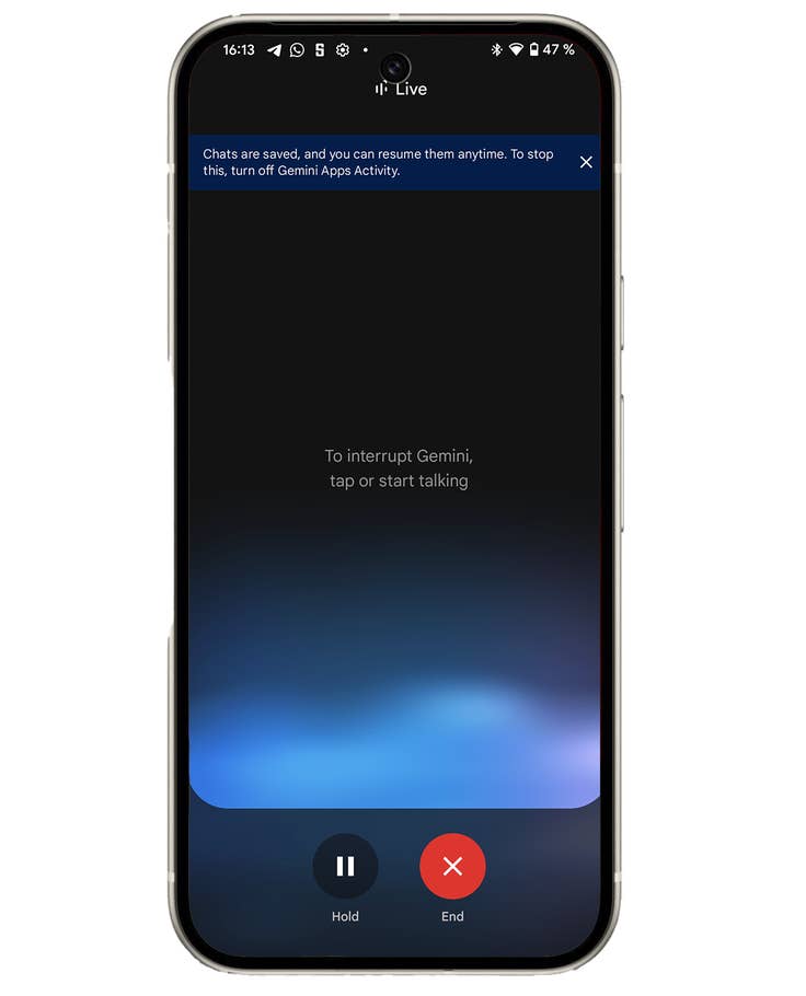 Smartphone screen shows a chat interface with instructions to pause Gemini.