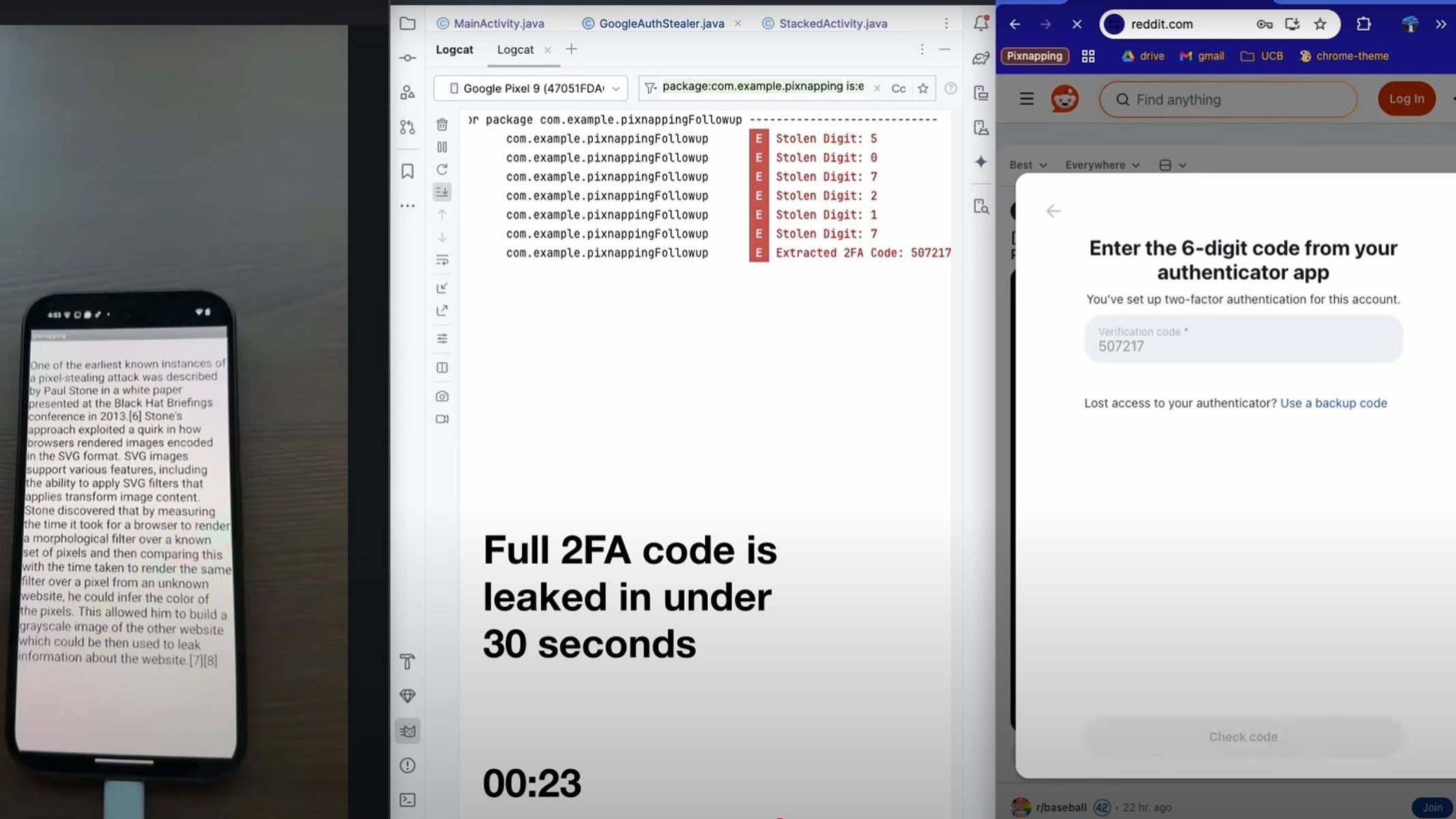 A phone displaying text about a pixel-stealing attack, alongside code and a 2FA prompt.