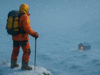 An image of a man standing over a frozen landscape.