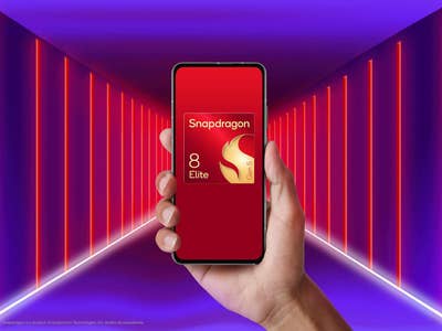 A hand holding a smartphone displaying the 'Snapdragon 8 Elite Gen 5' logo against a colorful background.