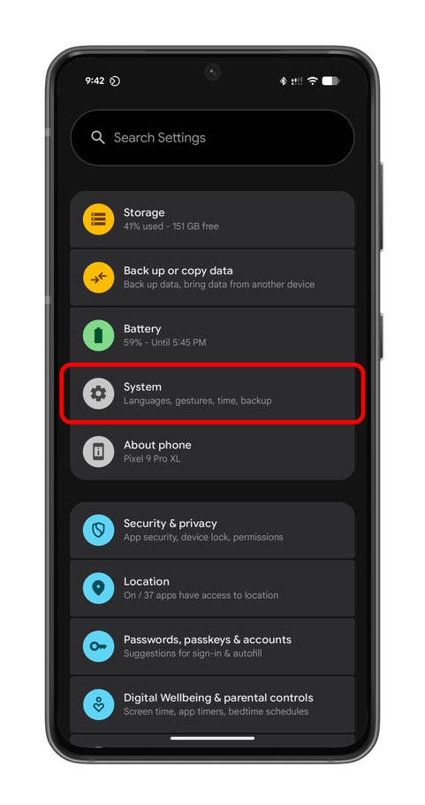 Android settings menu showing options like Storage, Backup, Battery, and System.