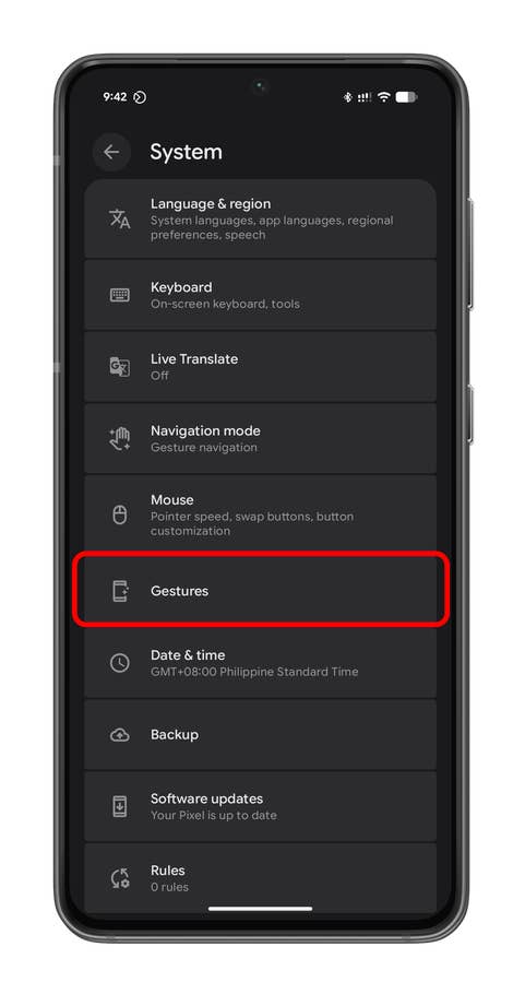 Android settings screen showing system options, including u0027Gesturesu0027 highlighted.