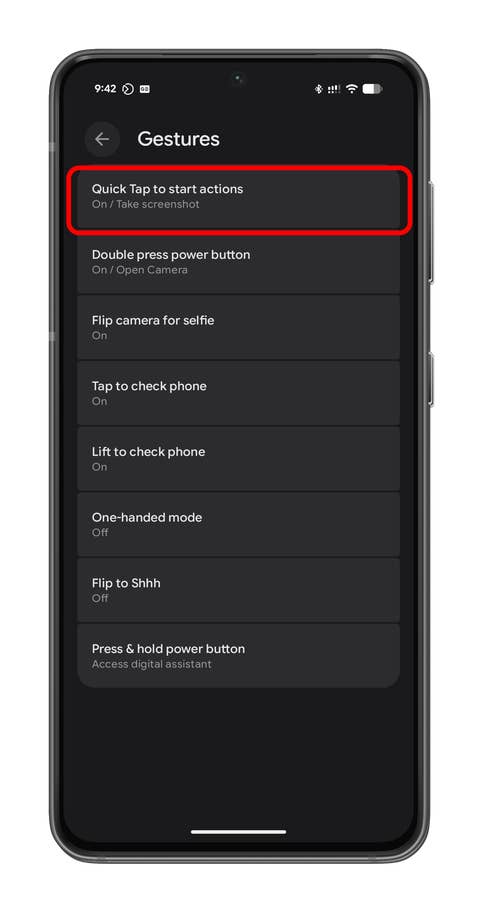 Android settings screen showing gesture options with u0027Quick Tap to start actionsu0027 highlighted.