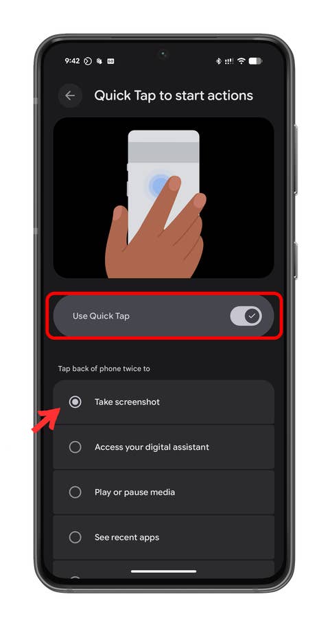 Settings menu showing Quick Tap options for Android with a hand gesture and action selections.