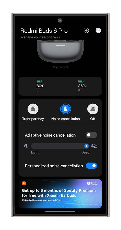 Redmi Buds 6 Pro app interface showing battery levels and ANC settings.