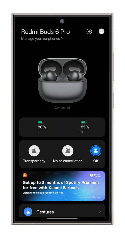 Xiaomi Redmi Buds 6 Pro app interface showing the battery levels and settings.