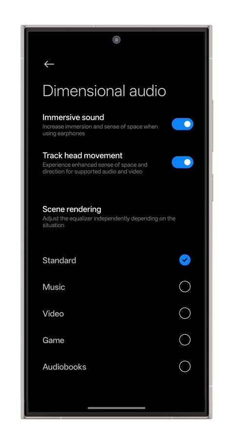 Settings for Dimensional Audio with options for immersive sound, head tracking, and the equalizer.