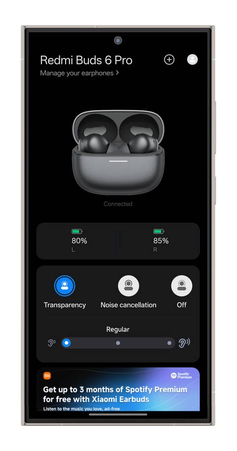 Redmi Buds 6 Pro app interface showing battery levels, transparency mode, and ANC options.