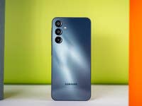 Back view of a Samsung Galaxy A16 5G smartphone on a colorful background.