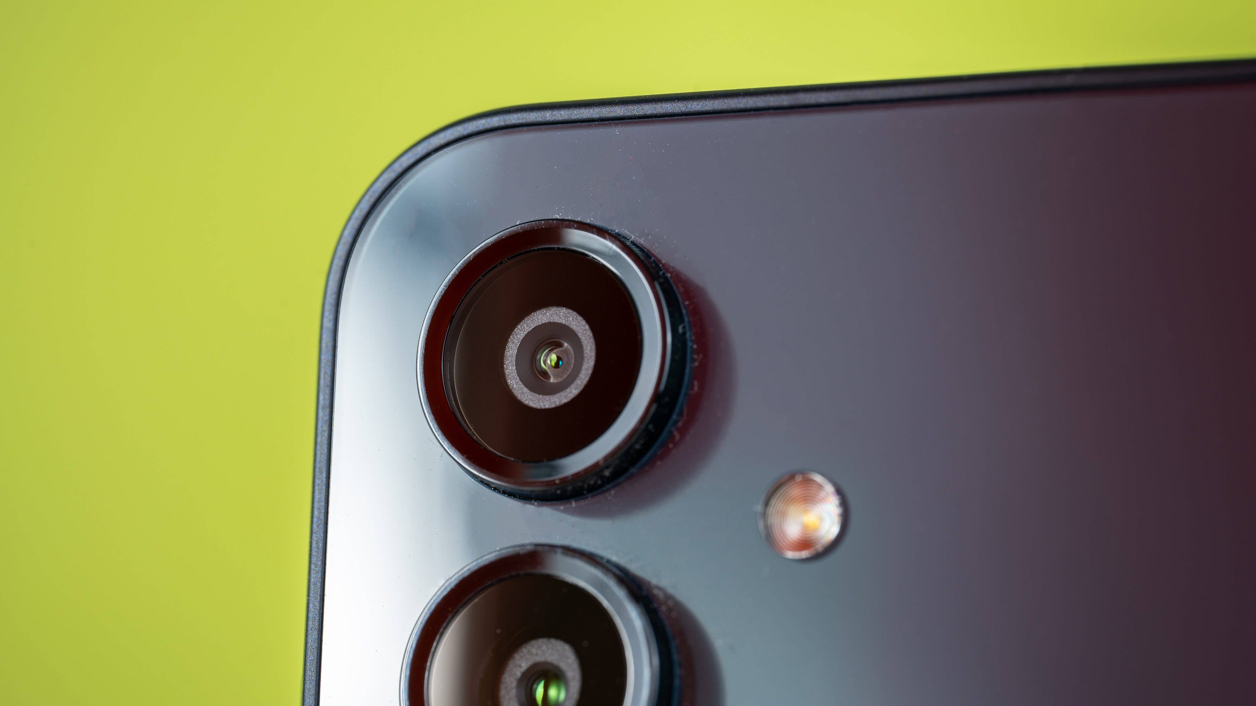 Close-up of the camera lenses on the Samsung Galaxy A16 5G smartphone.