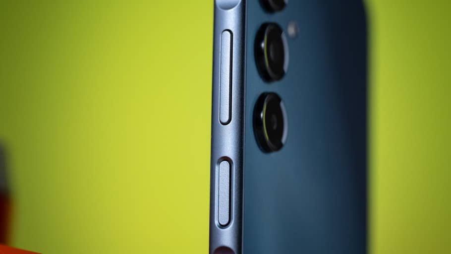 Close-up of the side of the Samsung Galaxy A16 5G, showing off its buttons and camera lenses.