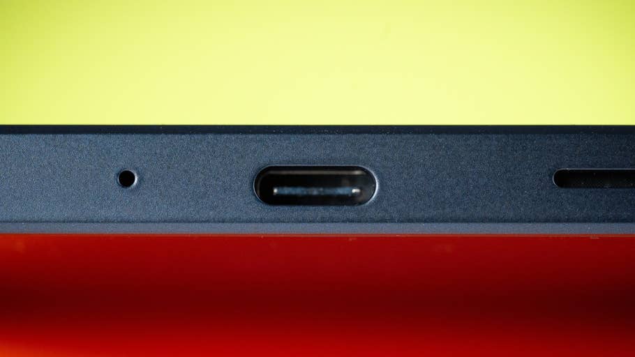 Close-up of the Samsung Galaxy A16 5G, showing the USB-C port and microphone.