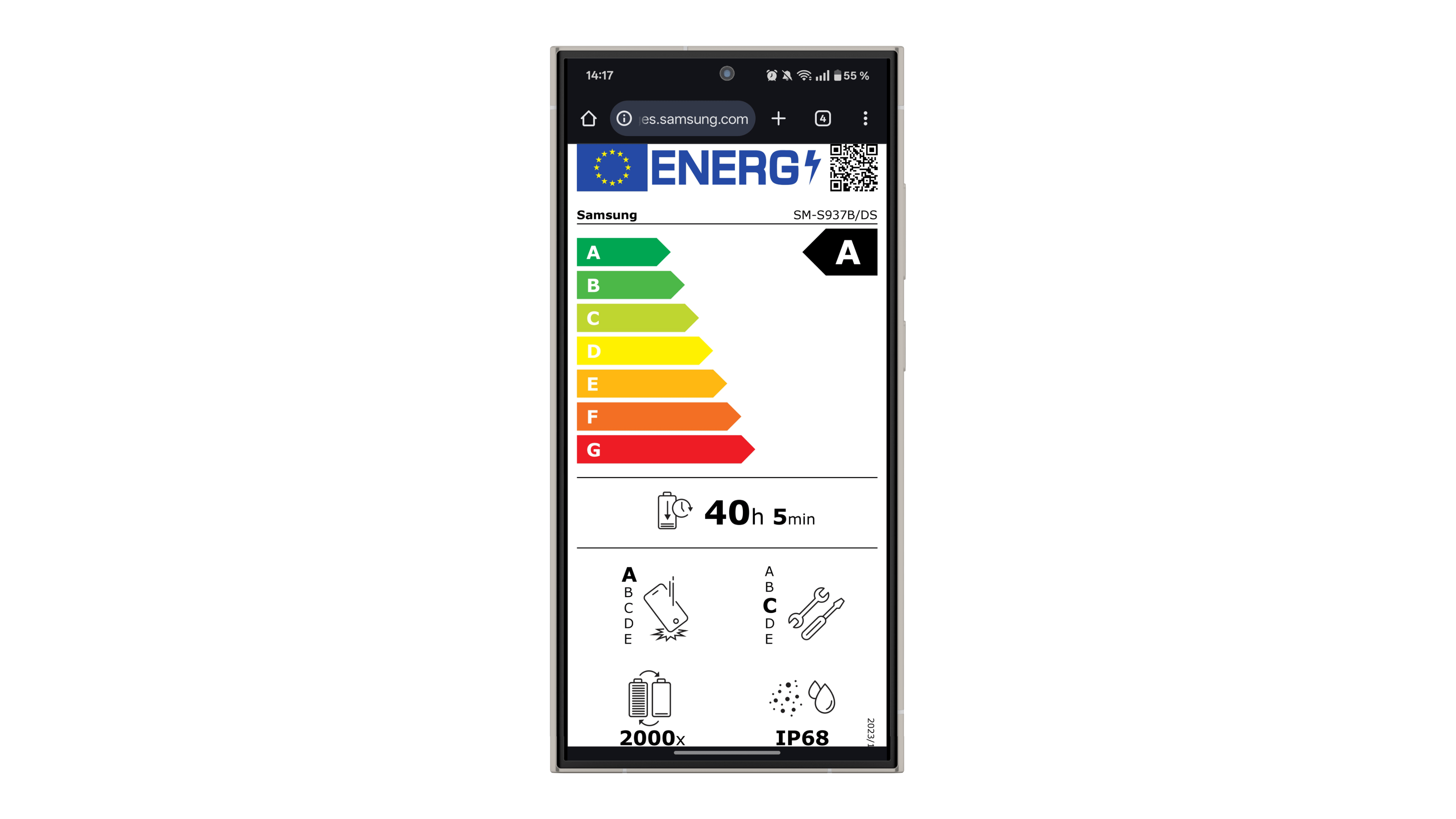 Energy label for a Samsung device, rating A, with details on usage and specifications.