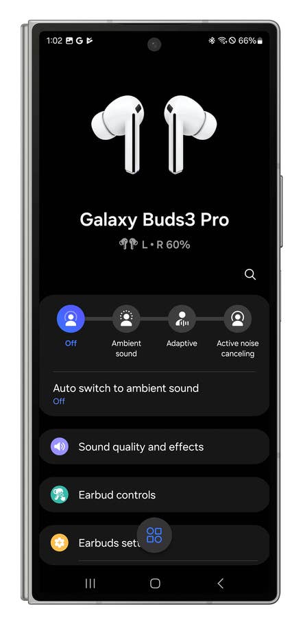 Screenshot of the Galaxy Wear app showing the interface to manage the Galaxy Buds 3 Pro.