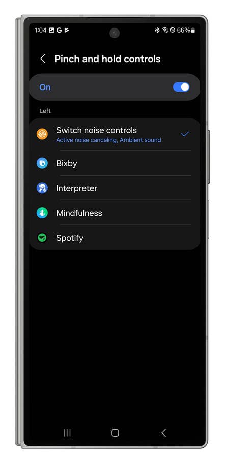 Screenshot from the Galaxy Wear app showing how to customize the haptic controls on the Galaxy Buds