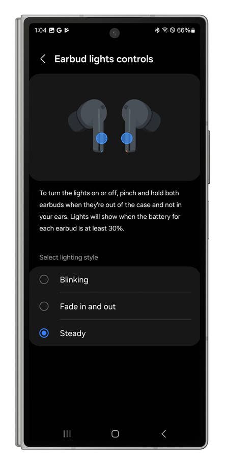 Screenshot of the Galaxy Wear app showing how to manage the LEDs on the Galaxy Buds 3 Pro.