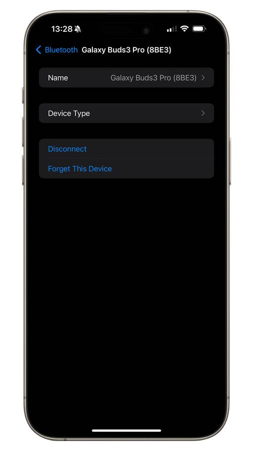 Screenshot of the Galaxy Wear app showing the Galaxy Buds 3 Pro settings on an iPhone 15 Pro Max.