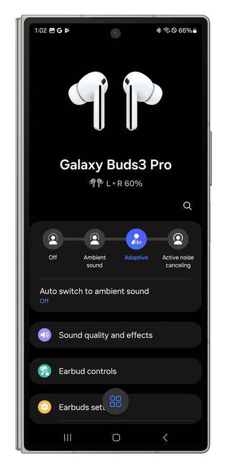 Screenshot of the Galaxy Wear app showing how to enable AI ambient noise management on Galaxy Buds 3