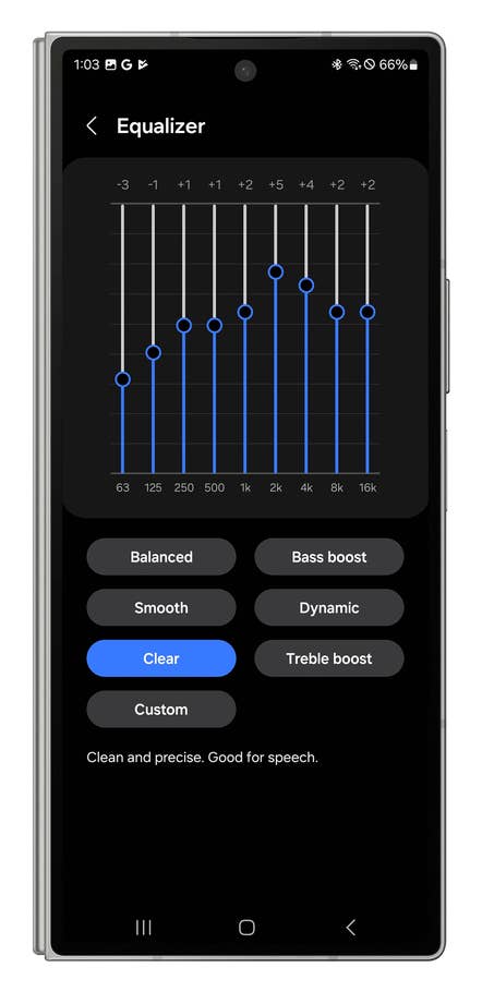 Screenshot of the Galaxy Wear app showing the Galaxy Buds 3 Prou0027s equalizer.