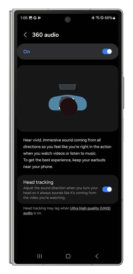 Screenshot of the Galaxy Wear app showing how to enable 360° audio on the Galaxy Buds 3 Pro.