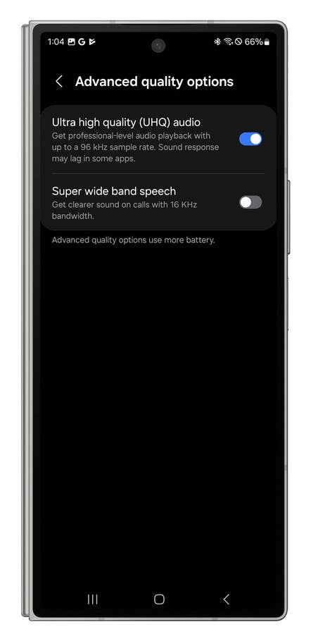 Screenshot of the Galaxy Wear app showing how to enable the Galaxy Buds 3 Prou0027s UHQ feature for HD a