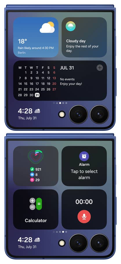 Samsung Galaxy Z Flip 7 interface with widgets for weather, calendar, health, alarm, and calculator.