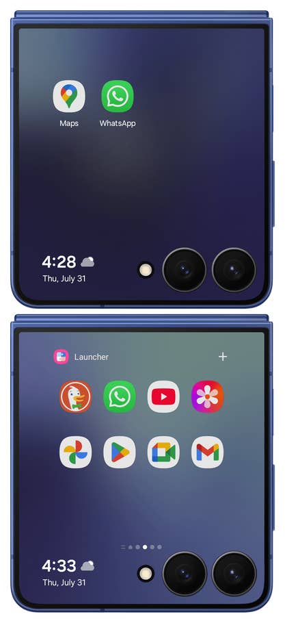 Samsung Galaxy Z Flip 7 interface showing apps like Maps, WhatsApp, and Launcher.