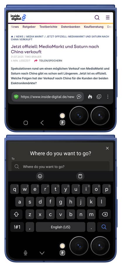 Samsung Galaxy Z Flip 7 displaying a browser with an article about MediaMarkt and Saturn selling to China.