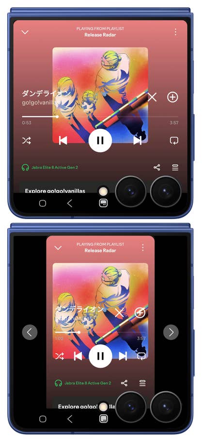 Two Samsung Galaxy Z Flip 7 interfaces displaying the Spotify appu0027s Release Radar playlist.